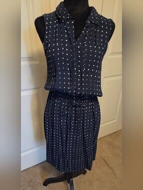 Ann Taylor Sleeveless Navy Polka Dot Shirt Dress SIZE SMALL